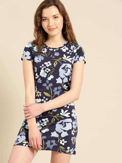 

United Colors of Benetton Women Blue & White Printed T-shirt Dress