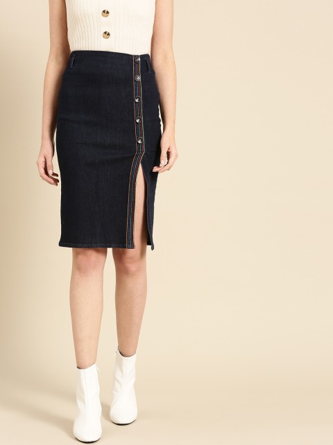 

United Colors of Benetton Women Navy Blue Solid Pencil Denim Skirt
