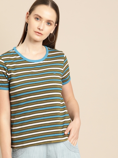 

United Colors of Benetton Women Olive Green & Blue Striped Round Neck T-shirt