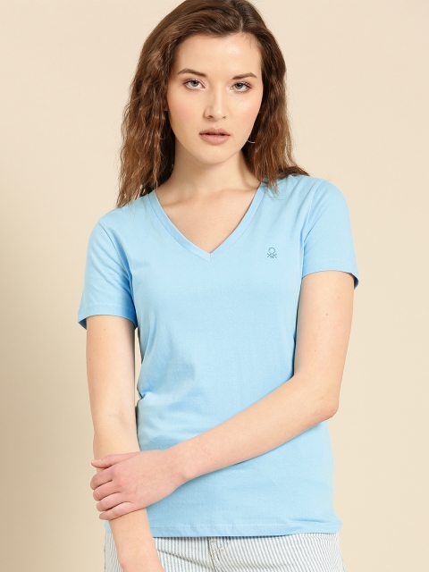 

United Colors of Benetton Women Blue Solid V-Neck T-shirt