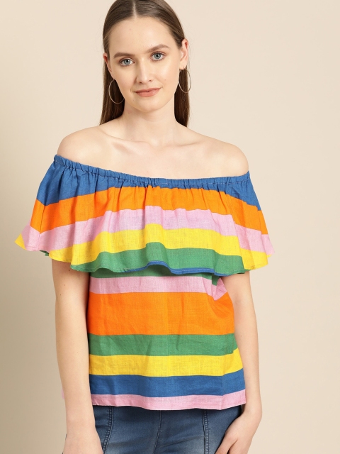 

United Colors of Benetton Women Pink & Yellow Striped Linen Bardot Top