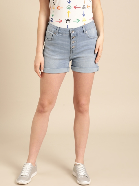 

United Colors of Benetton Women Blue Solid Denim Shorts