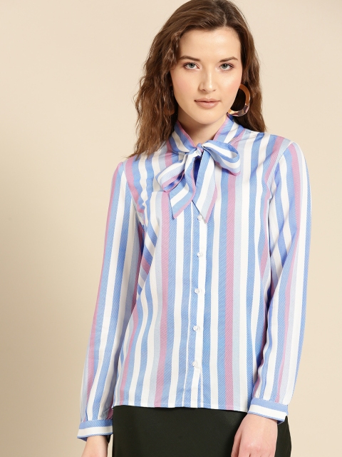 

United Colors of Benetton Women Blue & Pink Striped Shirt Style Top