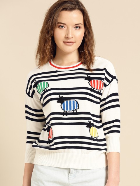 

United Colors of Benetton Women White & Navy Black Striped Top