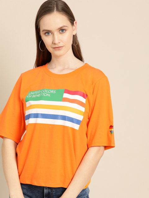 

United Colors of Benetton Women Orange Printed Round Neck T-shirt