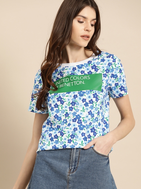 

United Colors of Benetton Women White & Blue Printed Round Neck T-shirt
