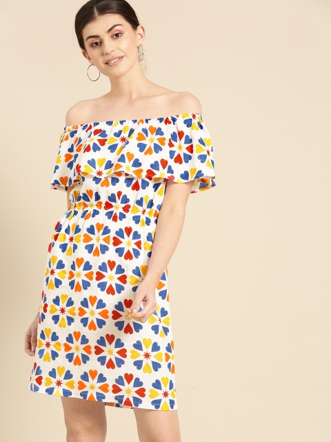 

United Colors of Benetton Women White & Blue Off-Shoulder Printed Linen A-Line Dress