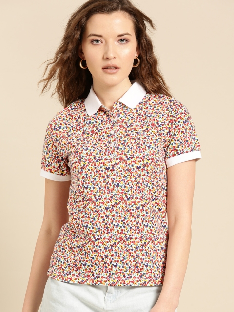 

United Colors of Benetton Women White & Red Printed Polo Collar T-shirt