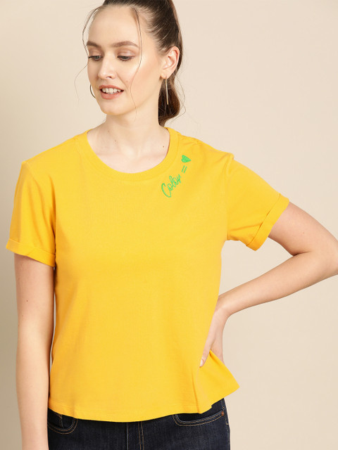

United Colors of Benetton Women Yellow Solid Round Neck T-shirt