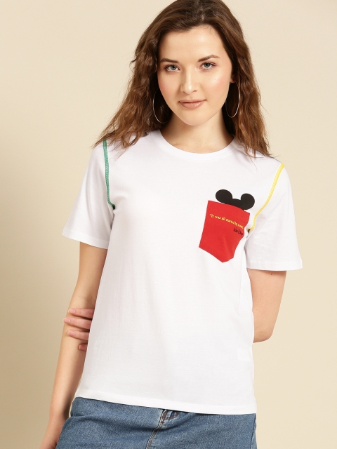 

United Colors of Benetton Women White Mickey Mouse Pocket detailed Round Neck T-shirt