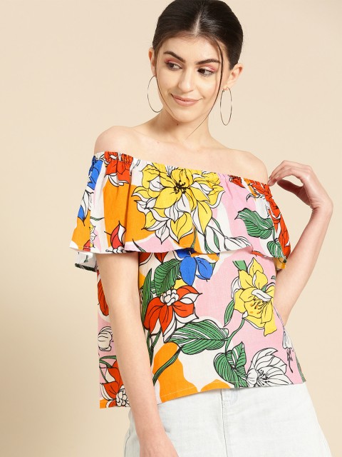 

United Colors of Benetton Women White Printed Layered Bardot Top