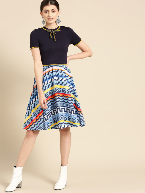 

United Colors of Benetton Women Blue Printed Fit and Flare Dress