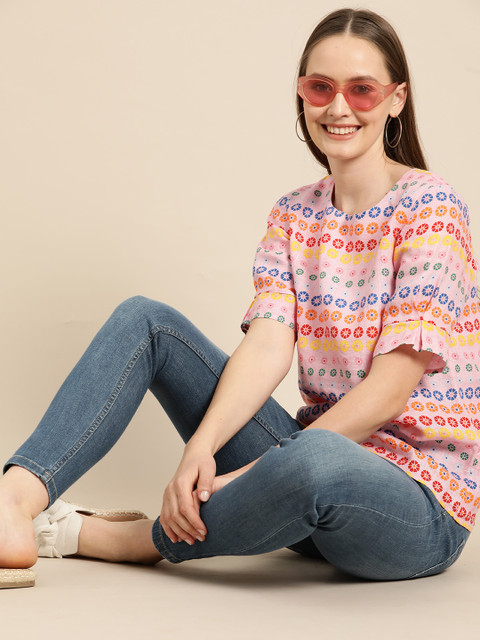 

United Colors of Benetton Women Pink & Red Printed Linen Top