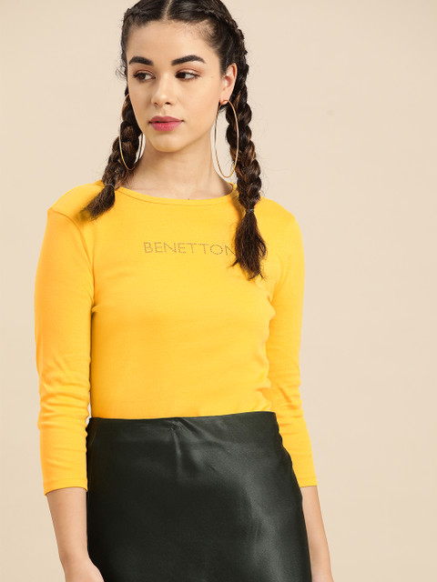 

United Colors of Benetton Women Yellow Solid Round Neck T-shirt