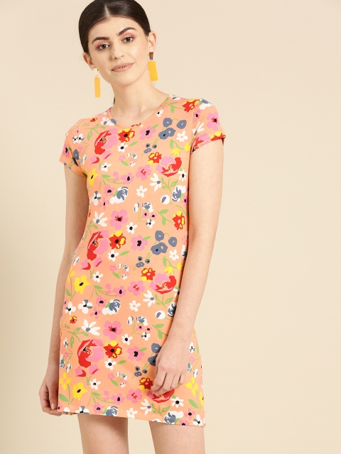 

United Colors of Benetton Women Peach-Coloured & Red Printed T-shirt Dress