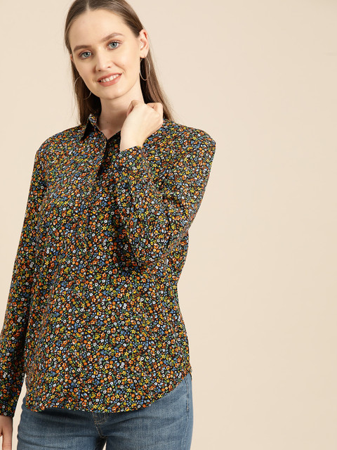 

United Colors of Benetton Women Black & Orange Regular Fit Printed Casual Shirt