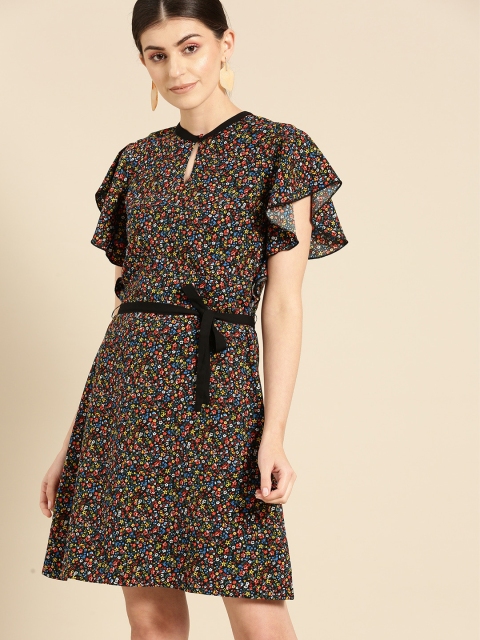 

United Colors of Benetton Women Black & Orange Printed A-Line Dress