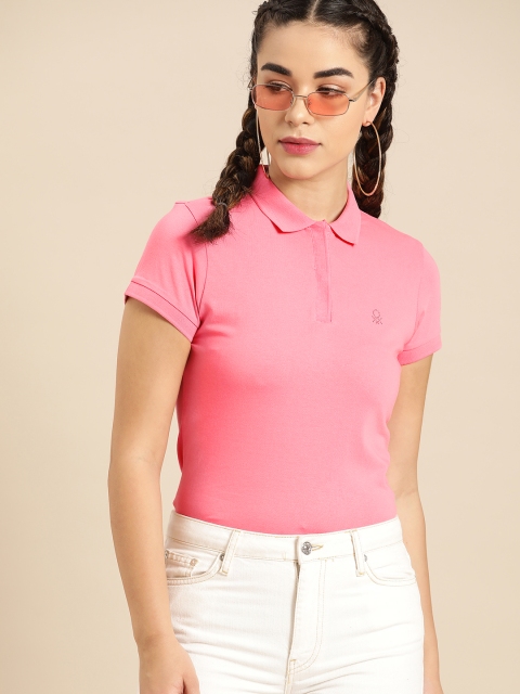 United Colors of Benetton Women Pink Solid Polo Collar T-shirt
