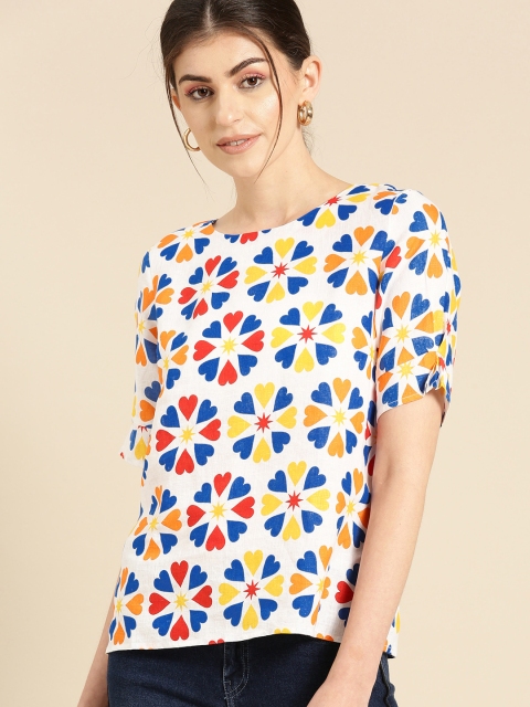 

United Colors of Benetton Women White & Blue Linen Printed Top