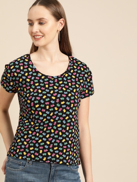 

United Colors of Benetton Women Black & Blue Printed Round Neck T-shirt