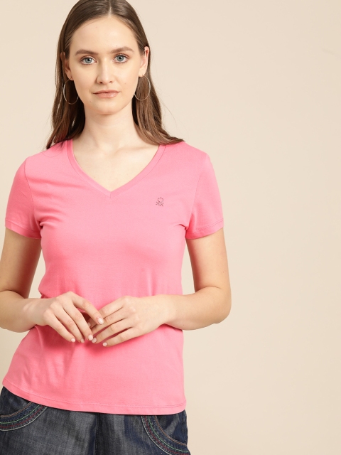 

United Colors of Benetton Women Pink Solid V-Neck T-shirt