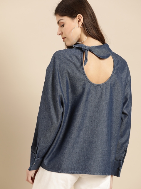 

United Colors of Benetton Women Navy Blue Solid Denim Styled Back Top