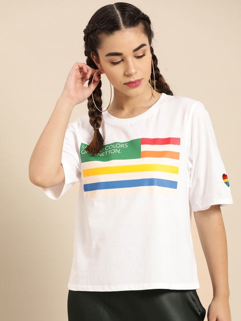 

United Colors of Benetton Women White & Green Printed Round Neck T-shirt