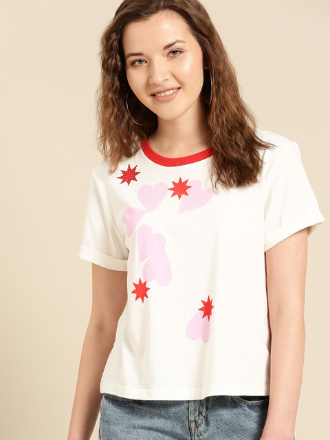 

United Colors of Benetton Women White & Pink Printed Round Neck T-shirt