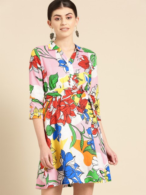 

United Colors of Benetton Women Pink & Red Printed Linen Shirt Dress