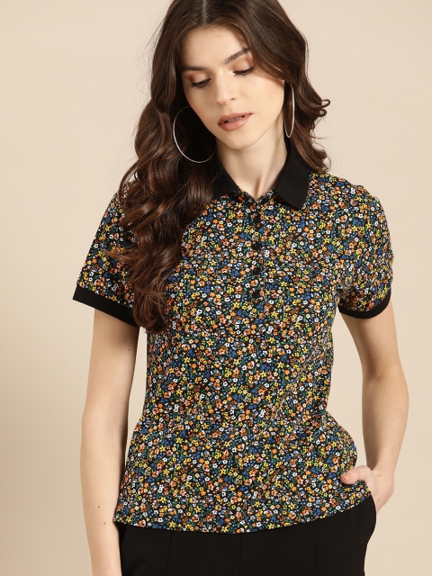 

United Colors of Benetton Women Black & Orange Printed Polo Collar T-shirt