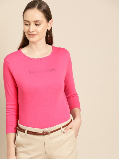 

United Colors of Benetton Women Fuchsia Pink Solid Round Neck T-shirt