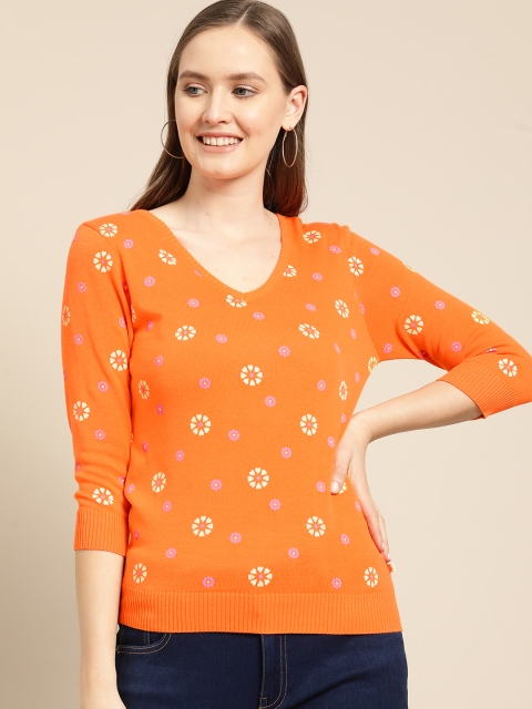 

United Colors of Benetton Women Orange & Yellow Printed Winter Regular Top