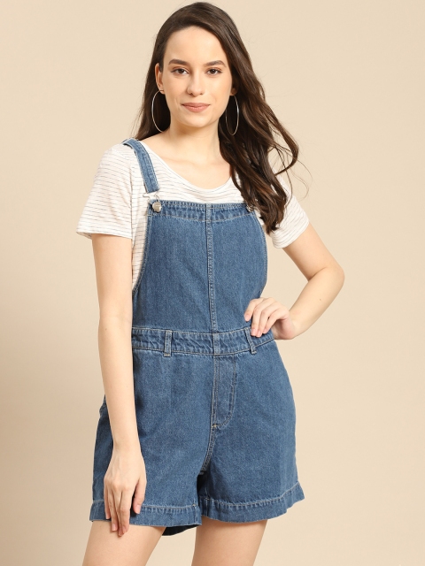 

United Colors of Benetton Women Blue Solid Pure Cotton Denim Dungarees