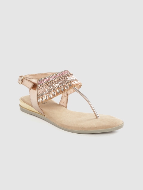 

Inc 5 Women Rose Gold-Toned Stone-Studded T-Strap Flats
