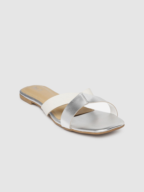 

Inc 5 Women Silver-Toned & White Colourblocked Open Toe Flats