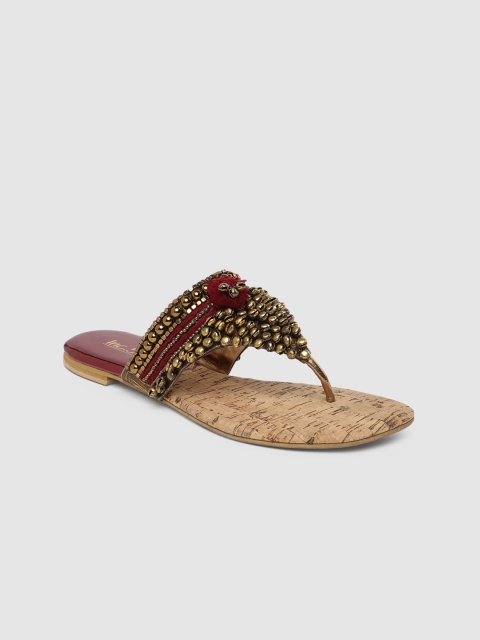 

Inc 5 Women Gold-Toned & Burgundy Embellished T-Strap Flats