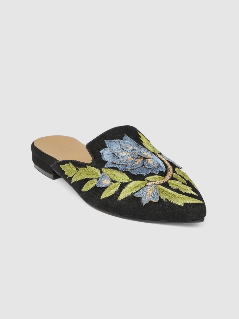

Inc 5 Women Black & Green Embroidered Mules
