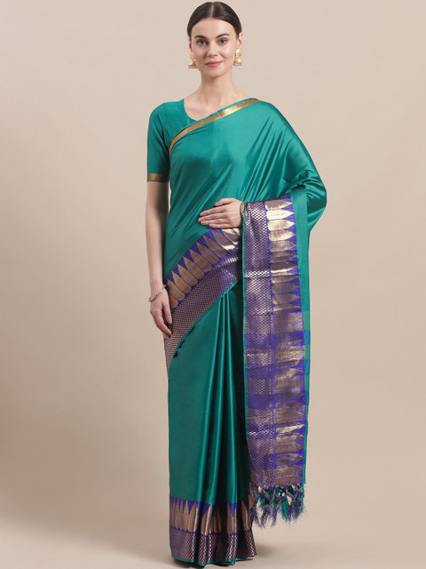 

Saree mall Teal Blue & Golden Solid Banarasi Saree