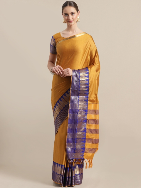 

Saree mall Mustard Yellow & Blue Solid Banarasi Saree