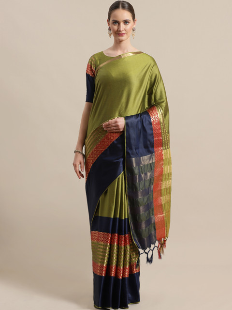 

Saree mall Olive Green & Golden Solid Banarasi Saree