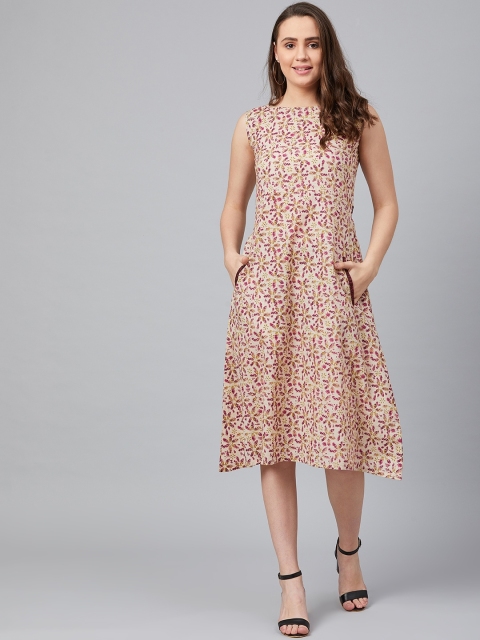

Wabii Women Beige & Purple Printed A-Line Dress