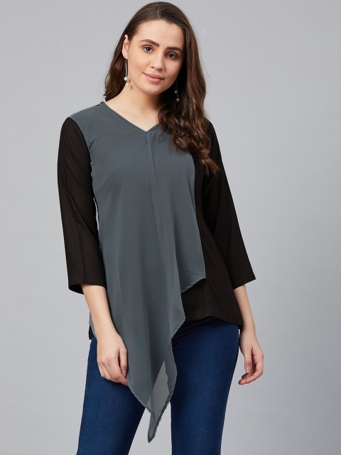 

Wabii Women Black & Charcoal Grey Layered Colourblocked Top