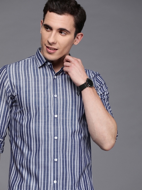 

Allen Solly Sport Men Navy Blue & White Ultra Slim Fit Striped Casual Shirt