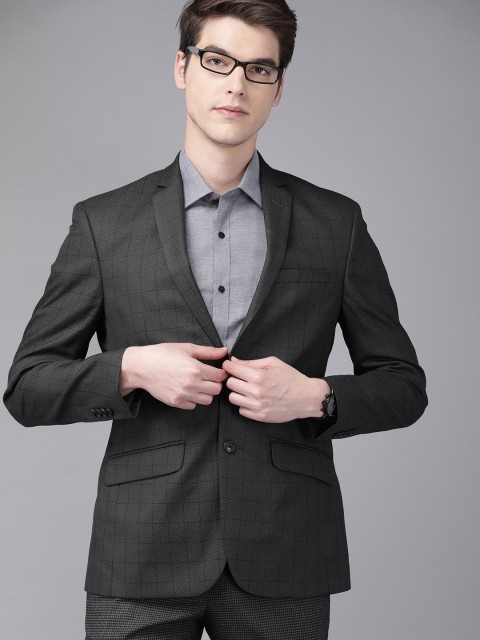 Park Avenue Men Charcoal Grey & Black Checked Super Slim-Fit Single-Breasted Formal Blazer