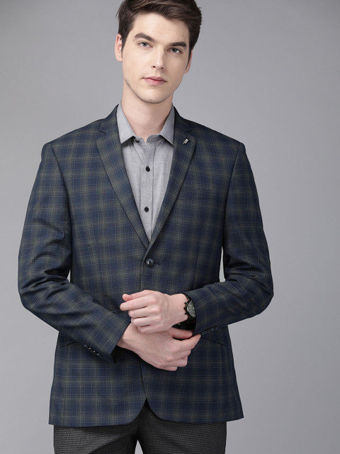 

Park Avenue Men Navy Blue & Grey Checked Super Slim-Fit Single-Breasted Formal Blazer