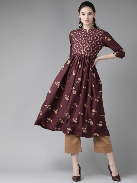 

See Designs Women Burgundy & Golden Khari Print A-Line Kurta