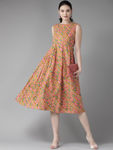

See Designs Women Olive Green & Pink Leheriya Print A-Line Dress