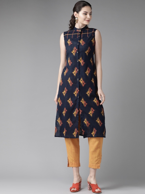 

See Designs Women Navy Blue & Mustard Yellow Screen Print Straight Kurta