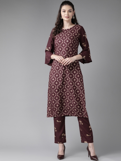 

See Designs Women Burgundy & Golden Foil Print Kurta with Trousers