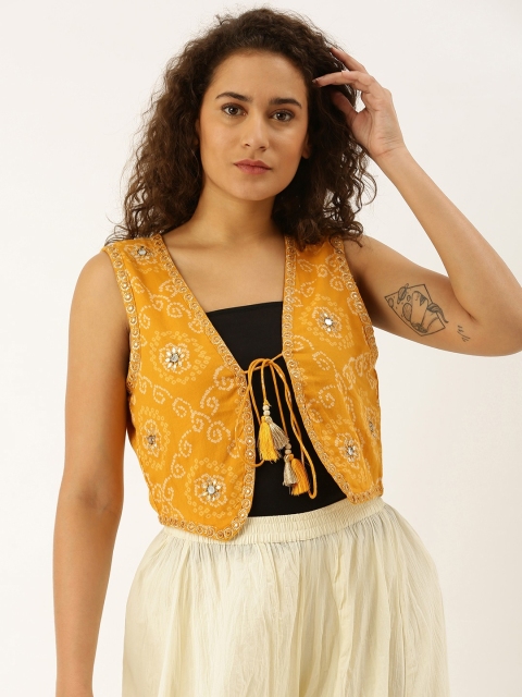 

Soch Women Mustard Yellow Printed Open Front Ethnic Jacket with Embroidery